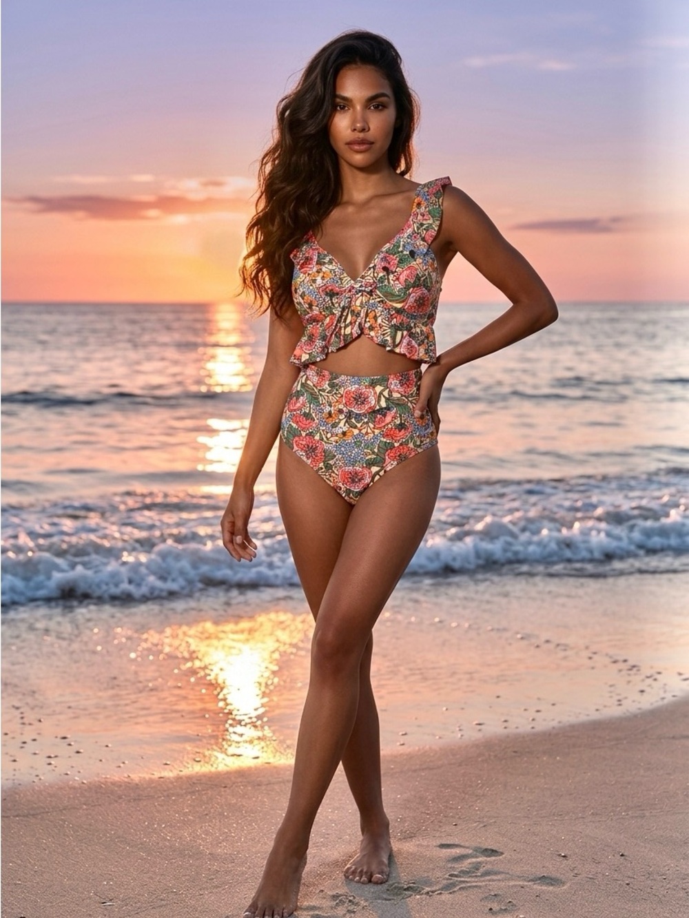 Source Unknown Floral Ruffle Tie-Front One-Piece – Coral, Green, Blue